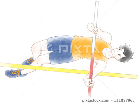 男孩撐竿跳的水彩插圖 男孩撐竿跳的水彩插圖 131857963