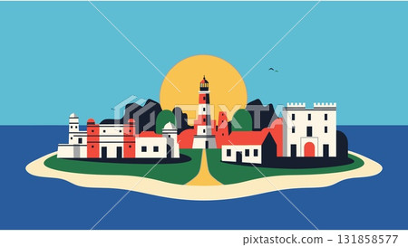 Coastal Island Town at Sunset with Lighthouse 131858577