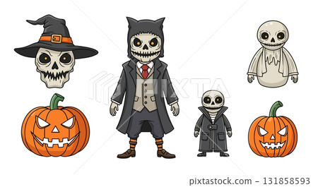 Cute Halloween Cartoon Characters and Jack O'Lanterns Set 131858593