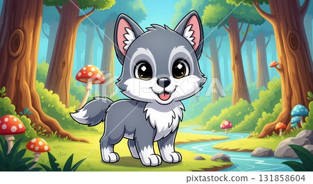 Cute Wolf Cub Cartoon Character in Forest 131858604