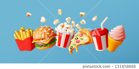 Colorful 3D Illustration of Various Fast Food Items 131858688