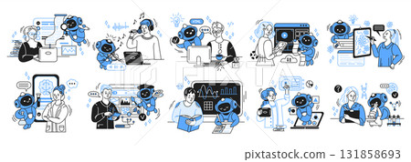 Illustration of Robots and Humans Collaborating in Technology 131858693