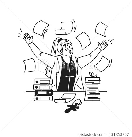 Overwhelmed Woman Tossing Papers in Office Overwhelmed Woman Tossing Papers in Office 131858707