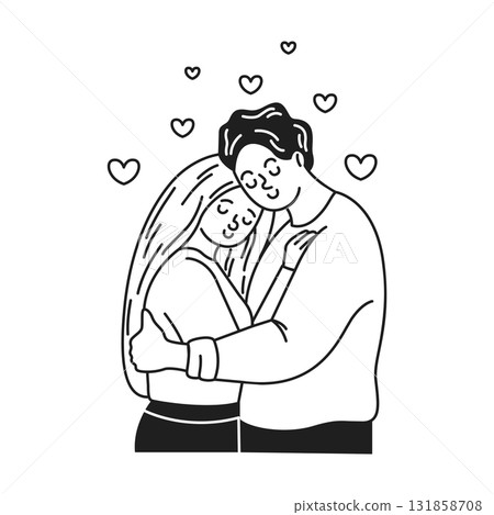 Romantic Couple Hugging Surrounded by Hearts 131858708