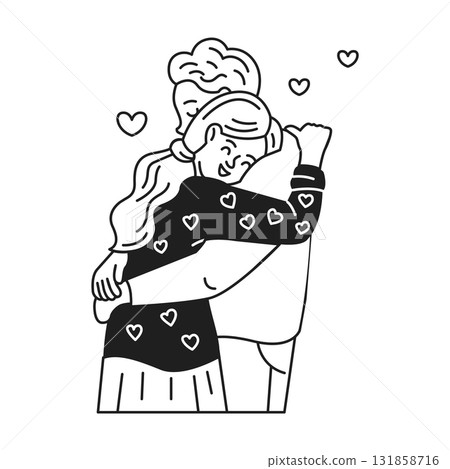 Couple Embracing with Hearts in Minimalist Style 131858716