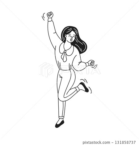 Happy Woman Jumping in Minimalistic Black and White Drawing Happy Woman Jumping in Minimalistic Black and White Drawing 131858737