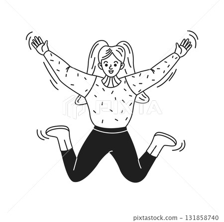 Jumping Girl in Casual Outfit Black and White Illustration Jumping Girl in Casual Outfit Black and White Illustration 131858740