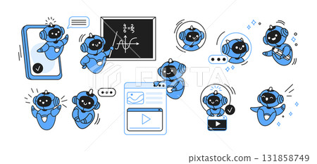 Blue Robots Performing Various Digital Tasks Illustration 131858749