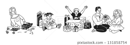 People Exchanging Gifts in Black and White Illustration 131858754