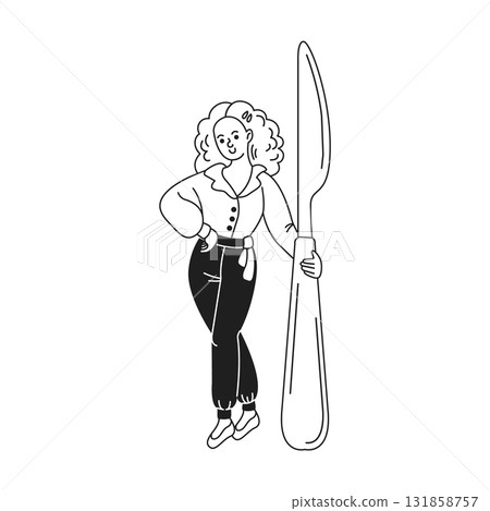 Woman Holding Giant Fork in Whimsical Black and White Illustrati 131858757