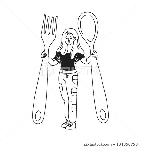 Girl Holding Giant Fork and Spoon Illustration Girl Holding Giant Fork and Spoon Illustration 131858758