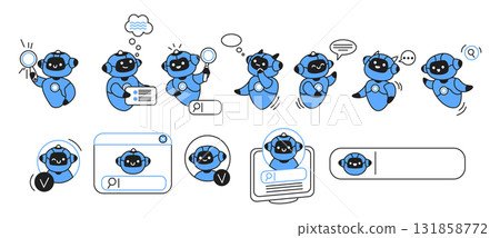 Cute Blue Robot Characters in Various Actions Cute Blue Robot Characters in Various Actions 131858772