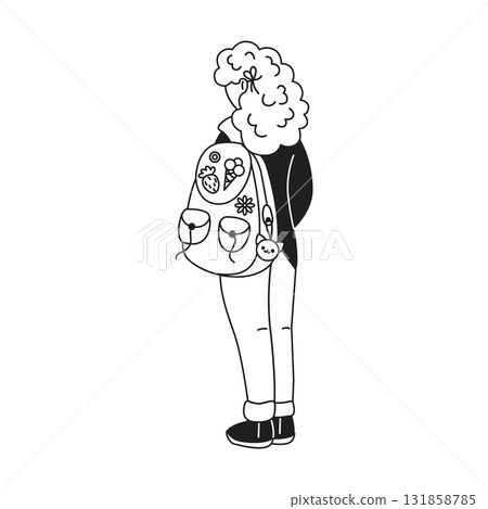 Line Art of Person with Decorated Backpack Line Art of Person with Decorated Backpack 131858785