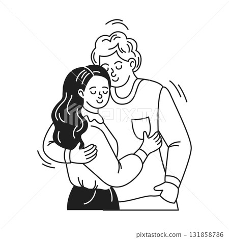 Black and White Illustration of Embracing Couple Black and White Illustration of Embracing Couple 131858786
