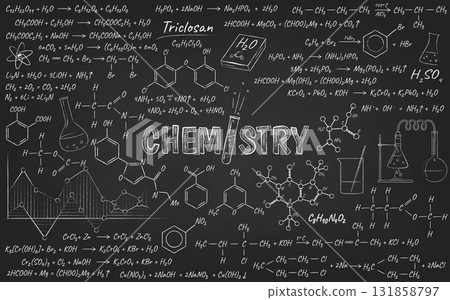 Chalkboard with Chemical Formulas and Diagrams Chalkboard with Chemical Formulas and Diagrams 131858797