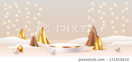 Festive Winter Scene with Decorative Trees and Ornaments Festive Winter Scene with Decorative Trees and Ornaments 131858818