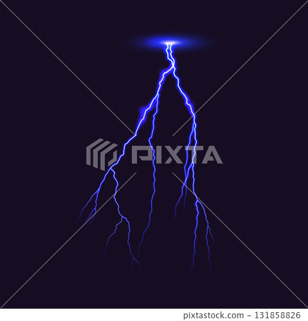 Striking Blue Lightning Bolt Against Dark Sky 131858826