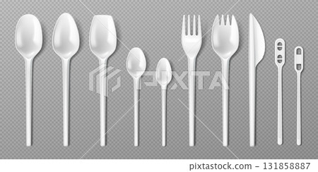 White Plastic Cutlery Set on Transparent Background 131858887