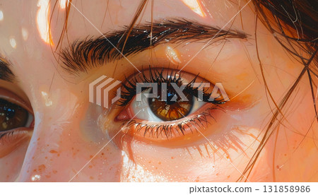 人工智慧生成的女性側面圖像，擁有引人注目的長睫毛和清澈的眼睛 131858986