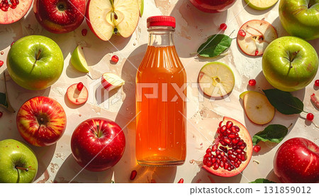 一幅靜物畫，畫中一個鮮豔的果汁瓶被紅色和綠色的蘋果包圍著（AI 生成的圖像） 131859012