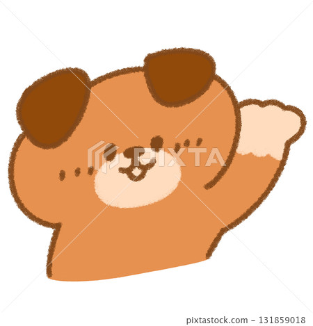 Illustration of a cute, droopy-eared dog raising its left paw in a greeting Illustration of a cute, droopy-eared dog raising its left paw in a greeting 131859018