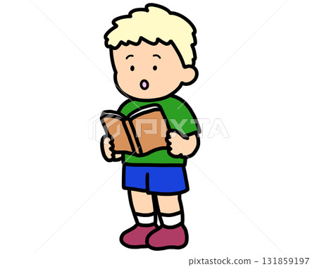 A blonde boy reading a book (standing) A blonde boy reading a book (standing) 131859197