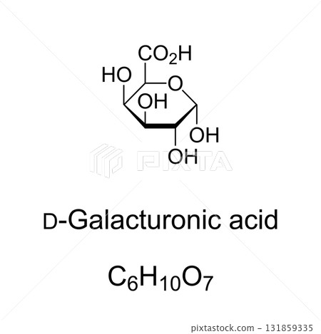 D-Galacturonic acid, chemical formula and structure. D-Galacturonopyranose, sugar acid and oxidized form of D-galactose. Main component of pectin, in which it exists as polymer polygalacturonic acid. 131859335