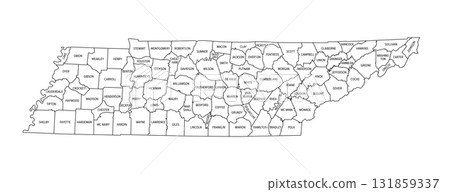 State of Tennessee, subdivided into 95 counties, outline map with borders and county names. Landlocked state in the Southeastern region of the United States, nicknamed The Volunteer State. Vector 131859337
