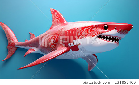"AI-generated image" featuring a vivid red and white 3D shark model against a blue background 131859409