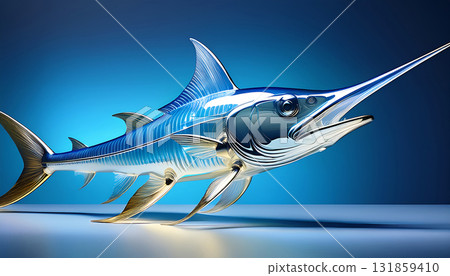 AI-generated image of a metallic 3D swordfish floating in a blue space 131859410