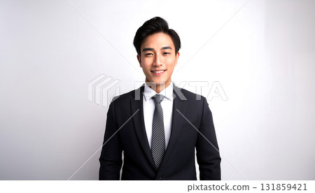 Young businessman + front view "AI generated image" that emphasizes a formal suit on a white background 131859421