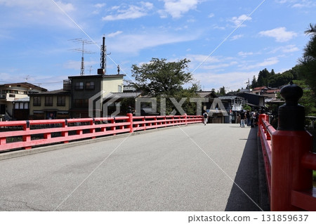 The red Nakabashi Bridge over the Miyagawa River in Hida Takayama 131859637