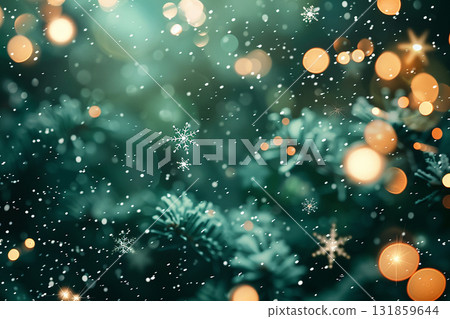Christmas bokeh light background: fantastic illuminations of gold light and deep green 131859644