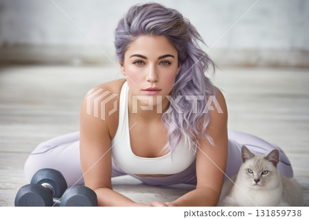 A Fitness Enthusiast Sporting Trendy Workout Gear and Hanging Out with Their Beloved Cat 131859738