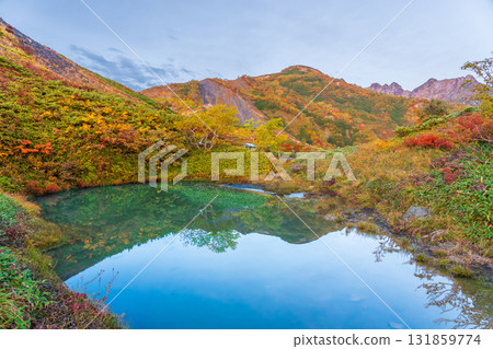 黎明時分,白馬三山的秋葉倒映在八方池中 黎明時分,白馬三山的秋葉倒映在八方池中 131859774