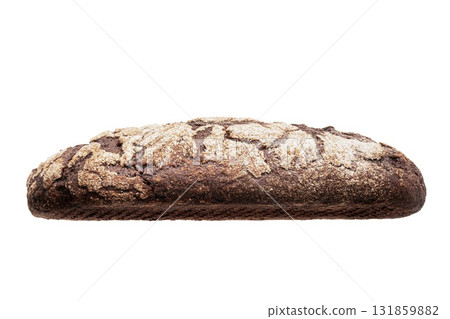 Black rustic bread sits elegantly on a white background, highlighting its texture and wholesome appearance. Perfect for promoting healthy eating and organic food designs. 131859882