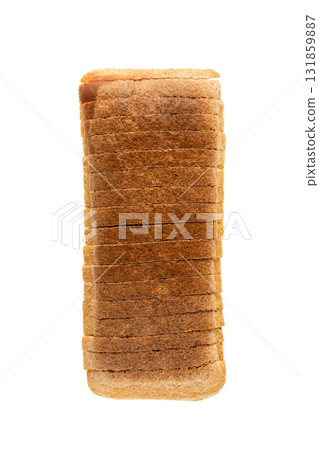 Freshly sliced bread is arranged neatly on a clean, white background, showcasing its soft texture and uniform slices for use in design work and food styling. Freshly sliced bread is arranged neatly on a clean, white background, showcasing its soft texture and uniform slices for use in design work and food styling. 131859887