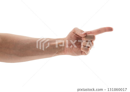 Adult man hand point gesture isolated on white 131860017