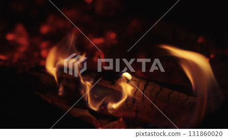 close up of campfire burning wood 131860020