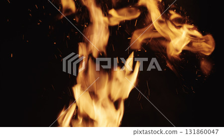 fire flames of campfire over black background, for overlay 131860047