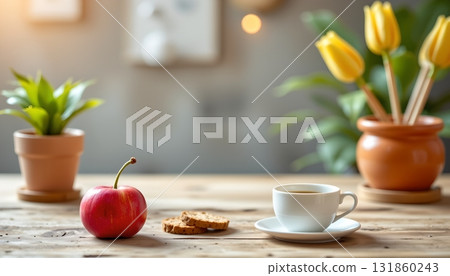 A vibrant flower bed during sunrise, with sunlight shinineen foliage to highlig 131860243