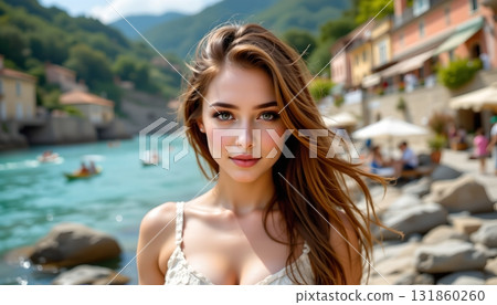 A vibrant flower bed during sunrise, with sunlight shinineen foliage to highlig 131860260