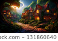 AI-generated image of a village surrounded by forests and thatched roofs, reminiscent of a fairytale world 131860640