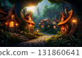 AI-generated landscape of small, warmly lit houses blending into a lush forest 131860641