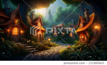 AI-generated landscape of small, warmly lit houses blending into a lush forest 131860641