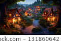 AI-generated image of a magical fantasy village with glowing windows and cobblestone paths 131860642