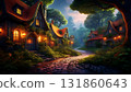 "AI-generated image" of a fairytale-like village with orange roofs nestled in a lush forest 131860643