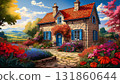 AI-generated image of a beautiful red-roofed cottage with a vibrant garden and stone walls 131860644