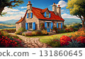 "AI-generated image" of a flowering stone country house in a lush countryside 131860645