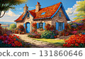 AI-generated image of a rural stone cottage surrounded by a colorful garden 131860646